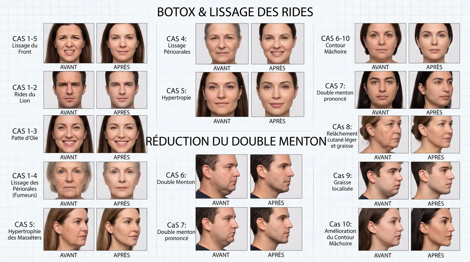 Planche illustrative : cas avant / après de Botox et de réduction du double menton