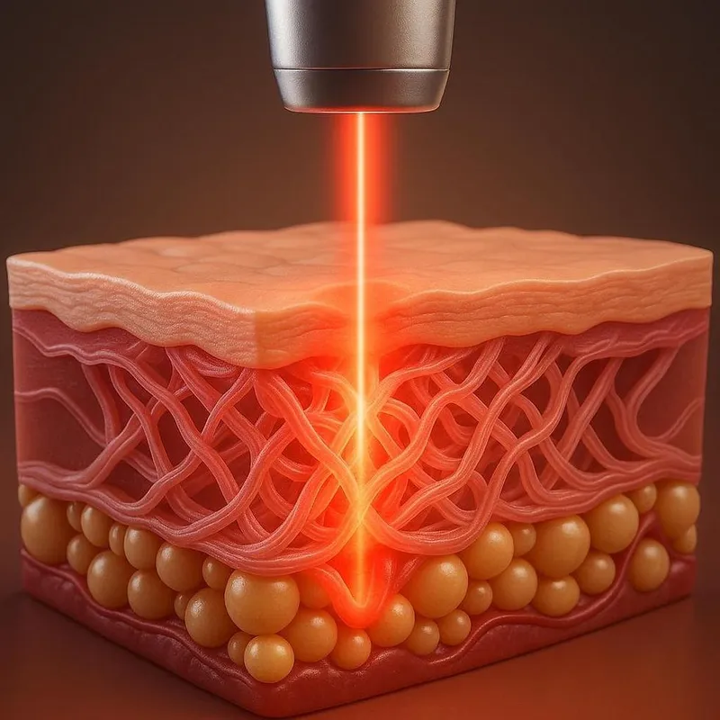 Coupe de la peau montrant l’action de la microfibre laser Endolift dans les tissus sous-cutanés