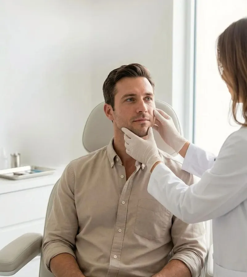 Consultation d’un patient masculin pour le relâchement du bas du visage