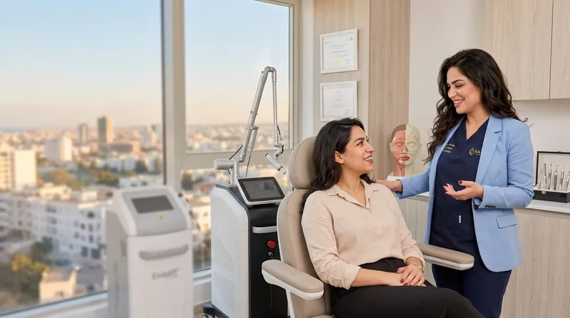 Dr Donia Ben Jemia avec une patiente devant l’appareil laser du cabinet